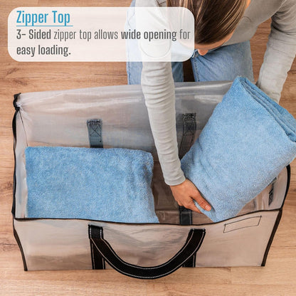 VENO 2 Pack Moving Bags, Heavy Duty Totes with Lids, Extra Large Packing Storage Boxes, Sturdy Handles, Zipper (Clear