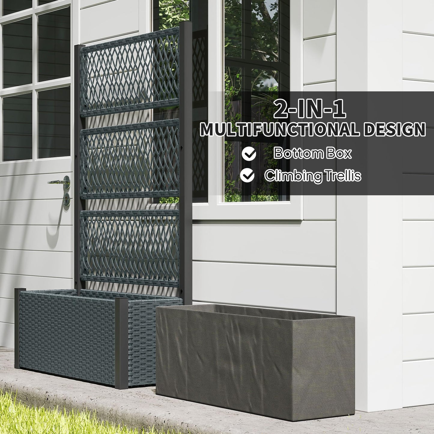 Outsunny Wicker Outdoor Planter with Trellis, 58" Standing Raised Garden Bed with Liner, Drainage Holes, Privacy Screen Planter Box for Climbing Plants, Flowers, Dark Grey