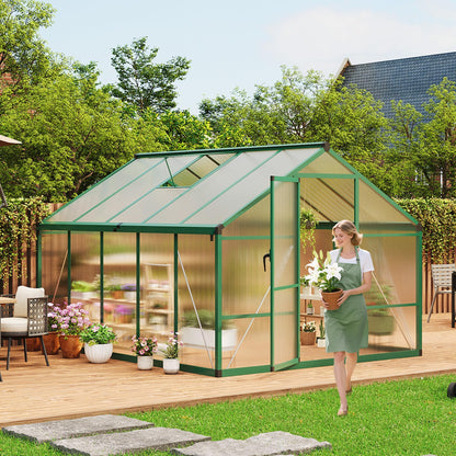 8X10 FT Greenhouse for Outdoors, Polycarbonate Flower Greenhouse with Roof Vent, Push-Pull Lockable Door, Aluminum Walk-in Greenhouses for Outside Garden Backyard, Patio, Lawn, Green