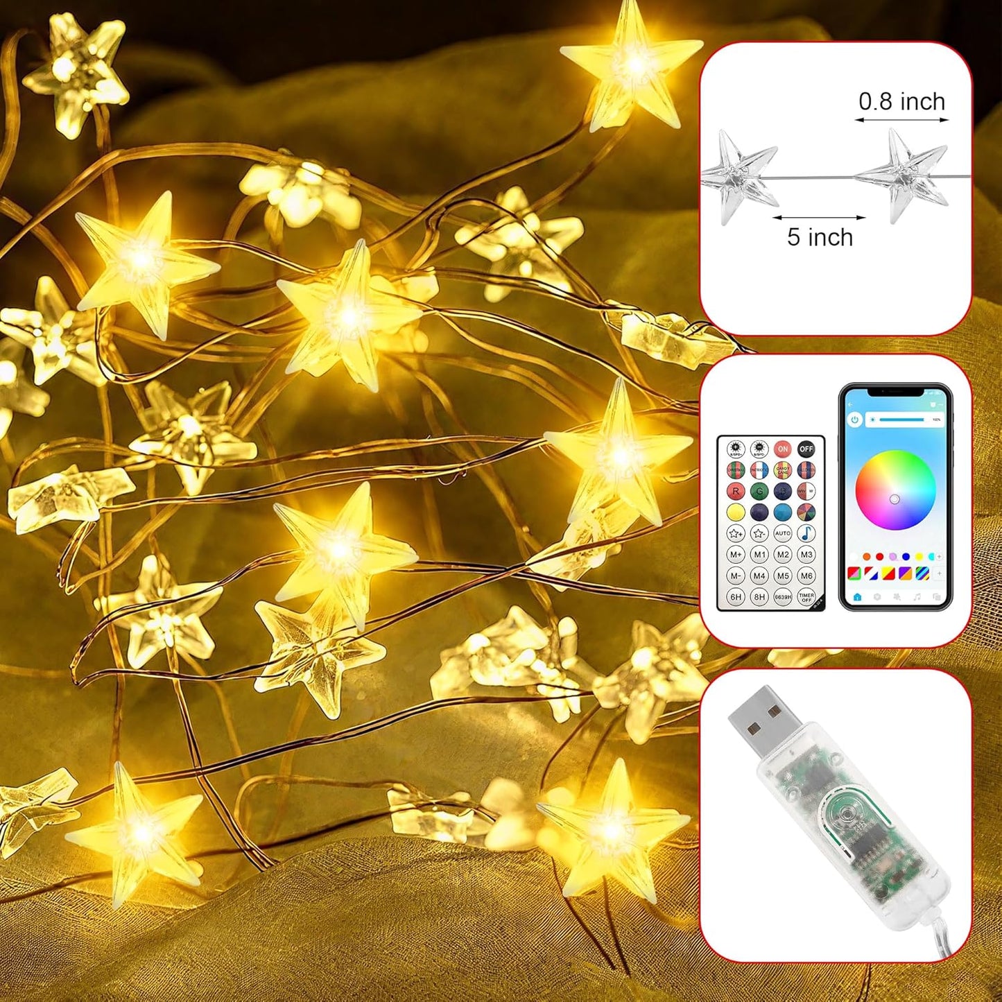 16.4 40 Smart Star Christmas Lights Indoor, FT LED USB Star Lights String, App & Remote Control, Timer Music Sync, Star