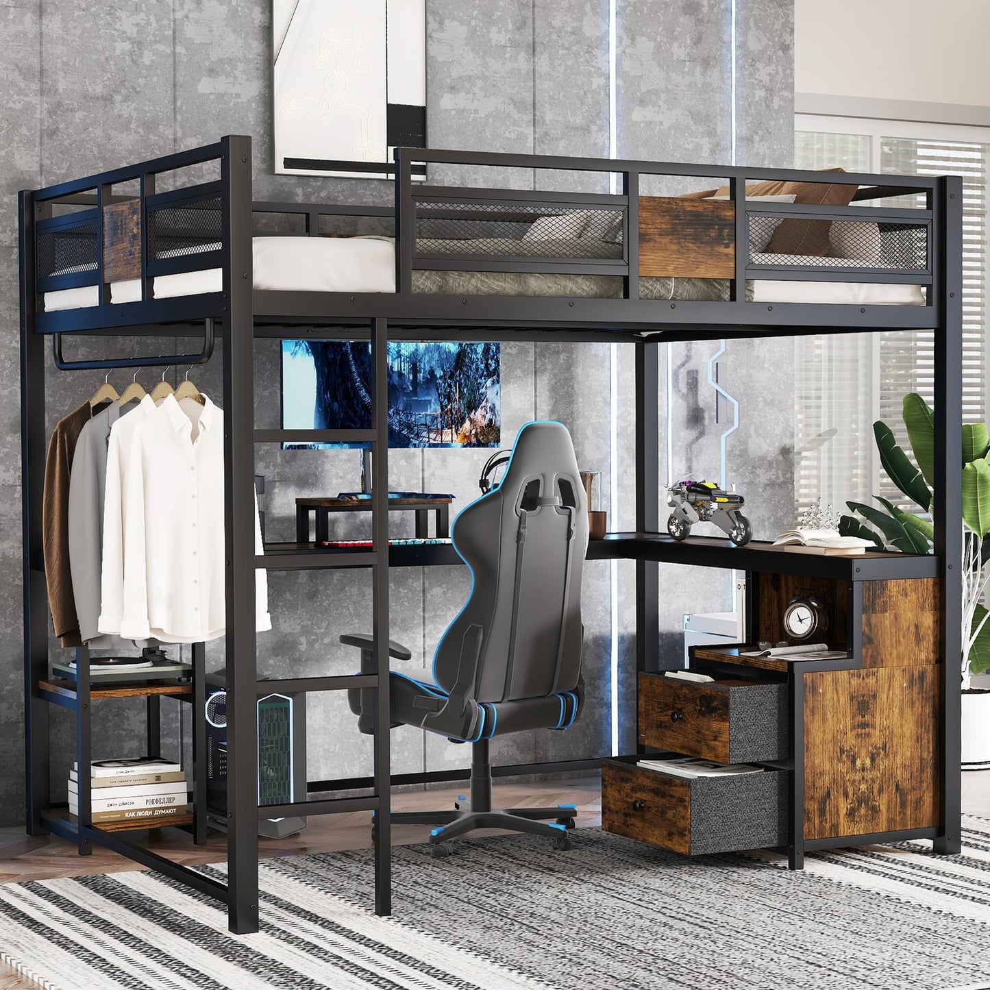 Bellemave Metal Queen Size Loft Bed with Desk and Non-Woven Fabric Drawers,Heavy Duty Loft Bed Frame with Clothes Rack and Storage Shelves for Kids,Teens,Adults, Space Saving,Black
