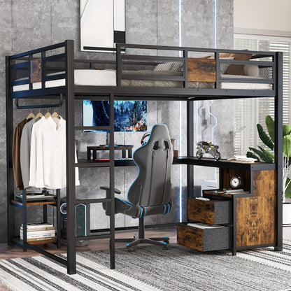 Bellemave Metal Queen Size Loft Bed with Desk and Non-Woven Fabric Drawers,Heavy Duty Loft Bed Frame with Clothes Rack and Storage Shelves for Kids,Teens,Adults, Space Saving,Black