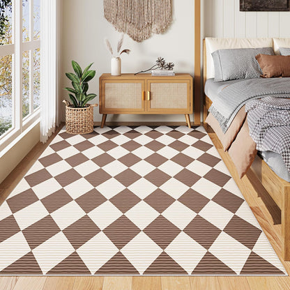 5x7 Washable Checkered Rugs for Bedroom, Brown and White Area Rug for Living Room, Geometric Faux Wool Carpet for Kids