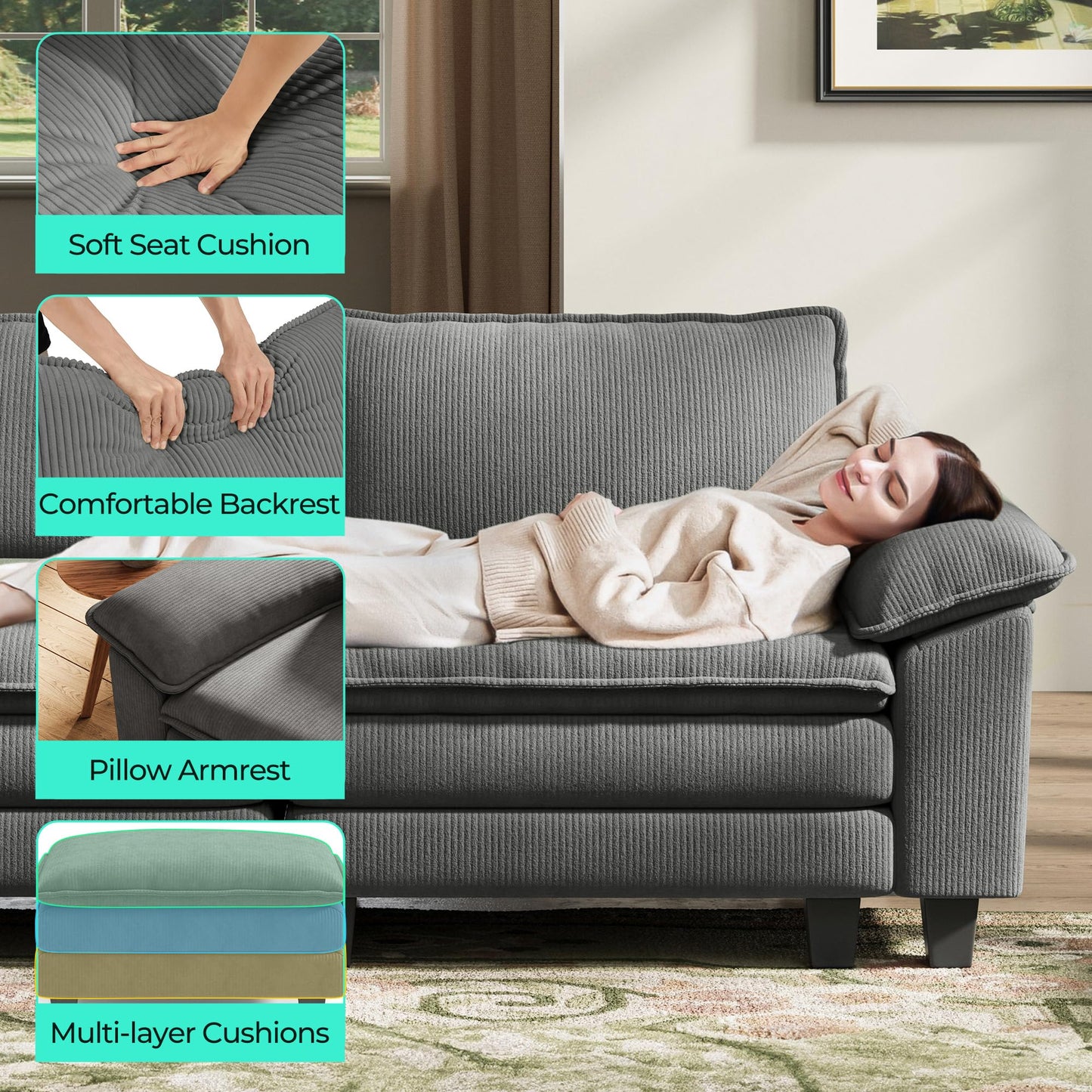 LINSY HOME Modular Sectional Sofa - 123 Inch Oversized Corduroy Cloud Couch with Movable Ottoman Soft Modern Comfy Sofa Set for Living Room Apartment Office, Grey
