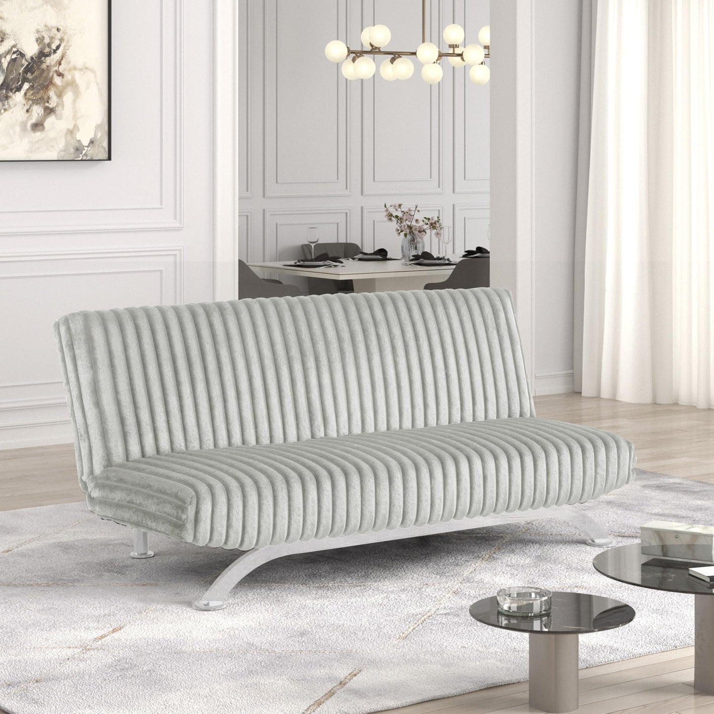Furniture of America Direte Fuzzy Fabric 71-inch Futon Sofa Bed with Extra Metal Support Legs, Seat up to 3, Modern Convertible for Living Room, Bedroom, Guest Room, Light Gray
