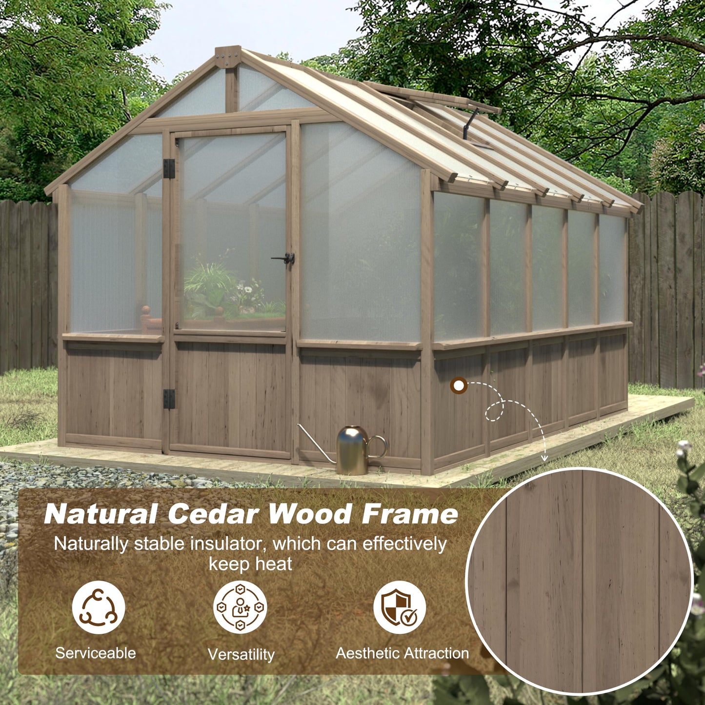 BlueWish 8x10 FT Greenhouse Kit, Wood Greenhouses with 6MM Polycarbonate Panel, Green House with Adjustable Vent & Lockable Door, Walk-in Greenhouse for Outside, Garden, Backyard