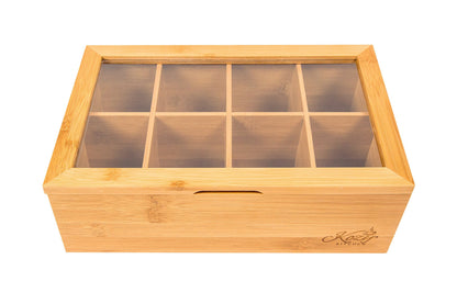 Kozy Kitchen Bamboo Tea Box Storage Organizer, 100% Natural Wooden Finish Tea Bag Organizer 8 Storage Compartments and Clear Shatterproof Hinged Lid