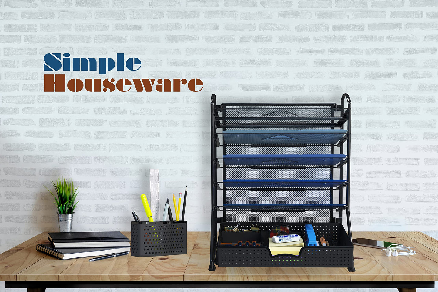 Simple Houseware 6-Tier Desk Document File Tray Organizer with Supplies Sliding Drawer, Black