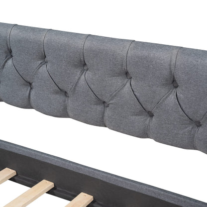 Merax Upholstered Twin Daybed Frame with 2 Storage Drawers, Linen Fabric Wood Sofa Bed, Diamond-Tufted Backrest & Rivets Armrests, Sturdy Wood Slat Support, No Box Spring Needed, Bear 400LBS, Gray