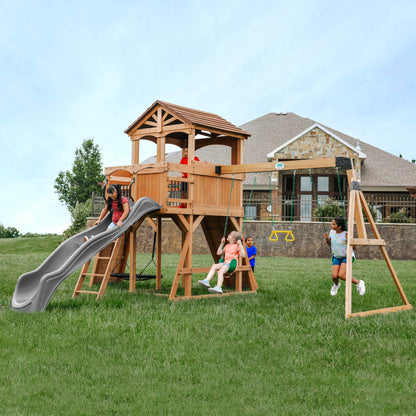 Backyard Discovery Sterling Point Cedar Wood Swing Set with Wave Slide, Raised Clubhouse, Wooden Bridge, Rock Wall, Belt Swings, Web Swing, Trapeze, Balcony, Climbing Wall, Ladder, Outdoor Playset