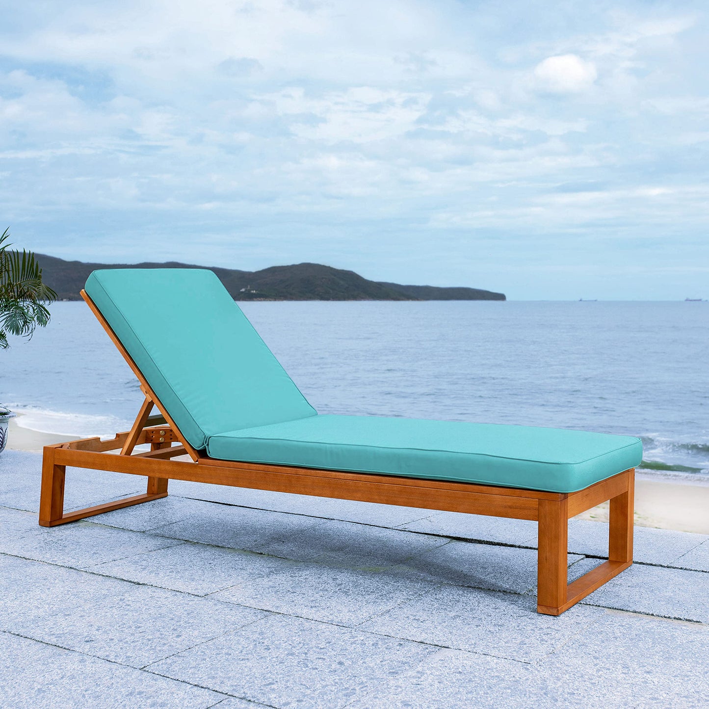 SAFAVIEH Outdoor - Solano Chaise Lounge Chair - Brown & Aqua - Solid Wood with Cushion - Adjustable Backrest Design - Ideal for Patio, Deck, Poolside, Backyard, 81"W x 31.5"D x 12"H (PAT7024Q)