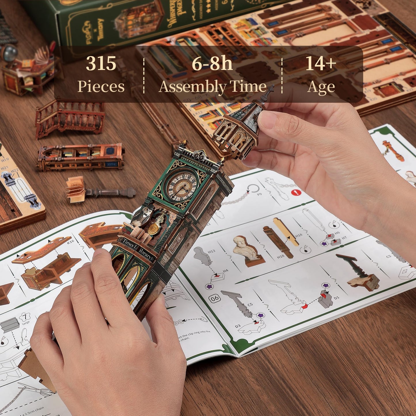 FUNPOLA Magic Library Book Nook Kit – LED 3D Wood Puzzle with Infinity Mirror – DIY Bookshelf Decor, Miniature Craft Gift for Kids and Adults