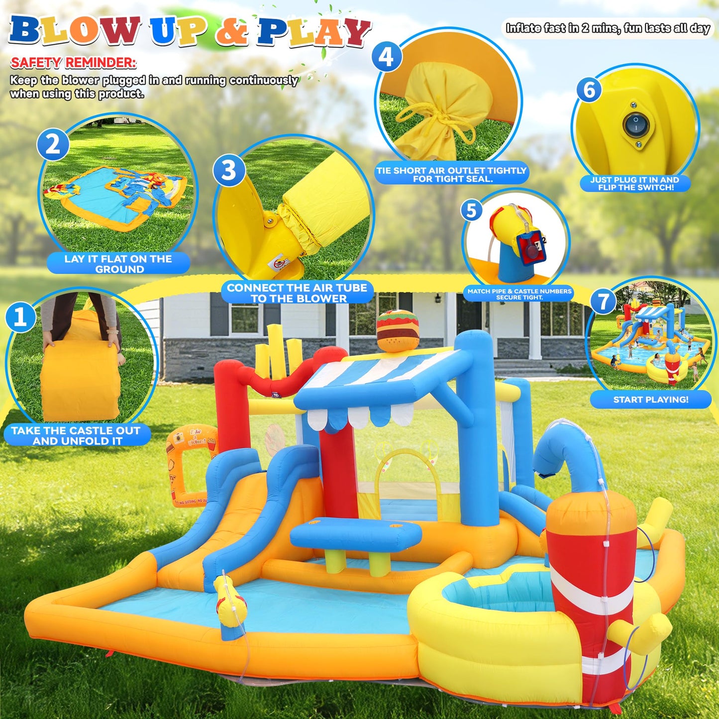 Large Inflatable Water Slide Park for Big Kids, 13-in-1 Bounce House Water Slide with Double Slides, Blower, Splash Pool, Deep Pool, 16X15X7.7ft Burger Theme Party Outdoor Backyard Blow Up Water Slide