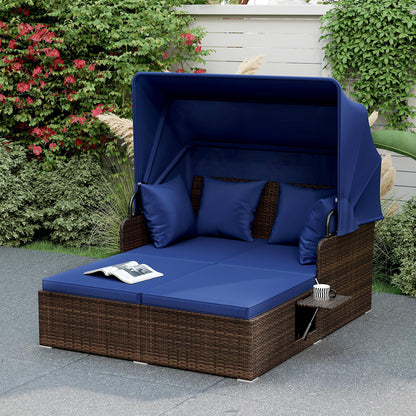 RELAX4LIFE Patio Outdoor Daybed with Canopy, Wicker Rattan Sunbed w/Cushions, 4 Pillows & 2 Retractable Side Trays, 2-Person Lounge Bed Conversation for Poolside Porch Garden (Mix Brown-Navy)