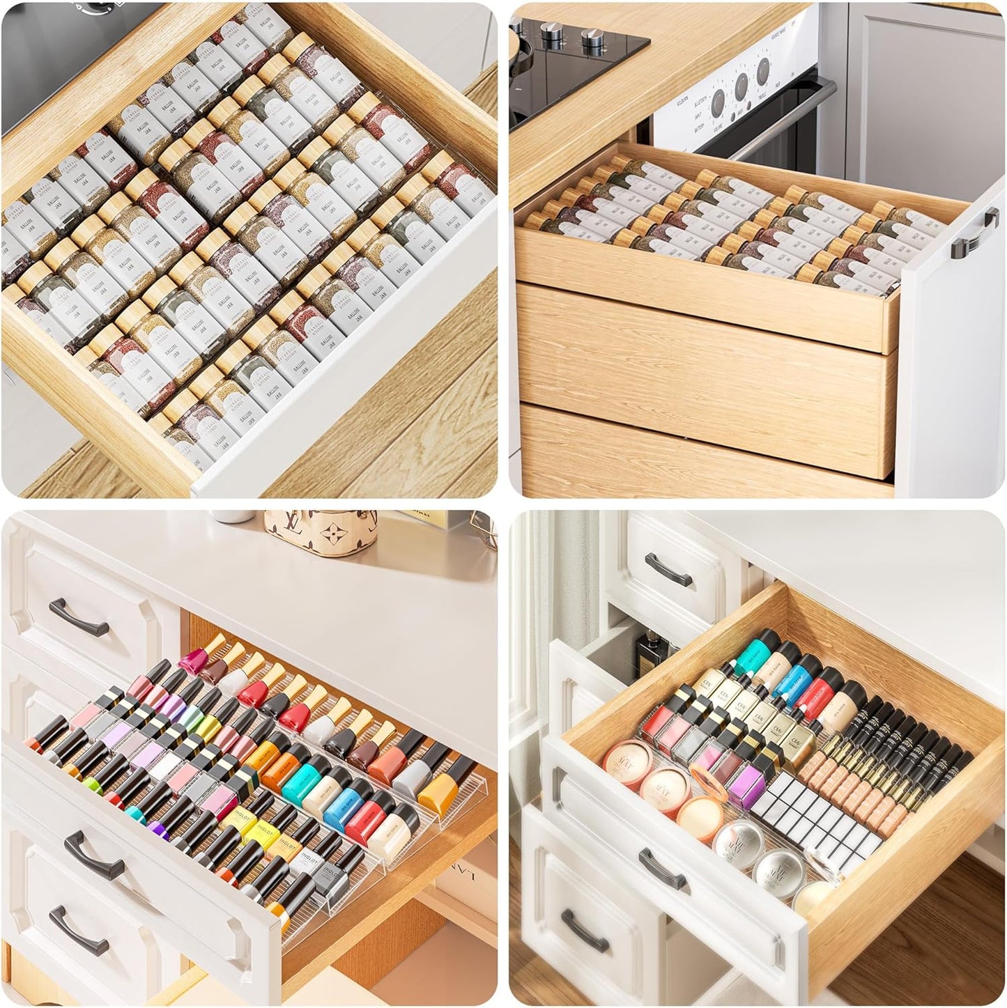 Spice Drawer Organizer, 4 Tier 4 Pack Clear Acrylic Seasoning Organizer, Expandable Kitchen Spice Rack (Jars not