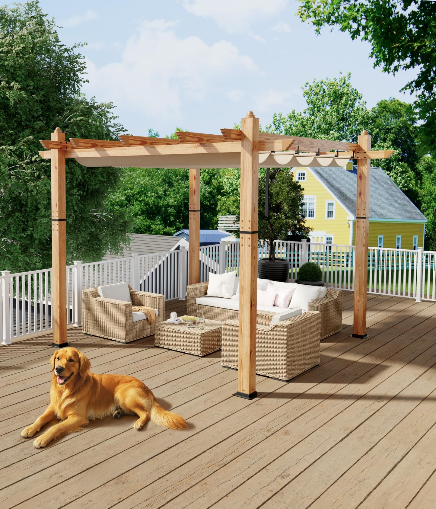 GarveeLife 10 x 10 ft Wood-Grain Aluminum Pergola Outdoor Pergola with Retractable Canopy for Garden Patio Backyard Deck - Khaki