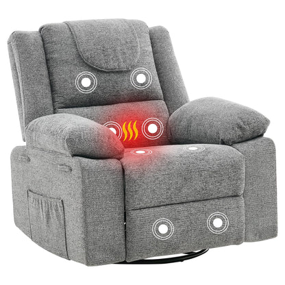 Adults Oversized Rocking Nursery Glider Recliner Chair,360° Swivel Rock Recliner Chairs Single Sofa with Vibration Massage and Heating for Living Room/Bedroom,Grey