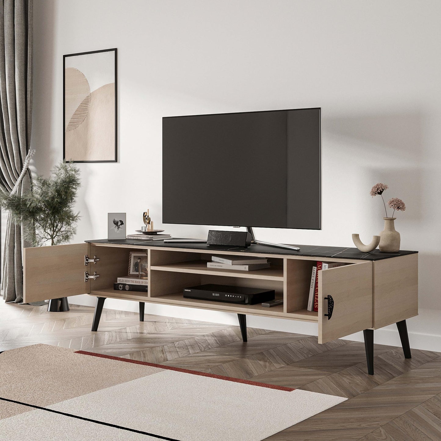 Manhattan Comfort Haley Mid Century Modern TV Stand for Televisions up to 55 Inches, Home Entertainment Center with Storage, Shelves, and Soft Close Doors, 70.9" Wide, White and Black Marble