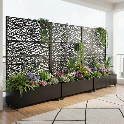 Wooakway 72" H Raised Garden Bed with Trellis and Wheels, Metal Privacy Screen Outdoor Planter Box with Decorative Leaf Pattern, 52 Gal Large Mobile Vertical Planter for Patio, Balcony & Backyard