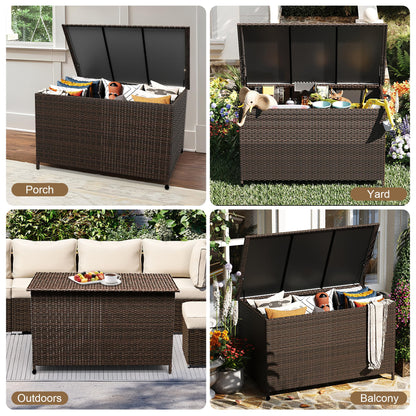 MilleLoom 185 Gallon Outdoor Storage Box with Wheels - Large Wicker Rattan Deck Box for Patio Cushions, Garden Tools, Pool Floats & Pillows, All-Weather Patio Furniture Storage, Brown