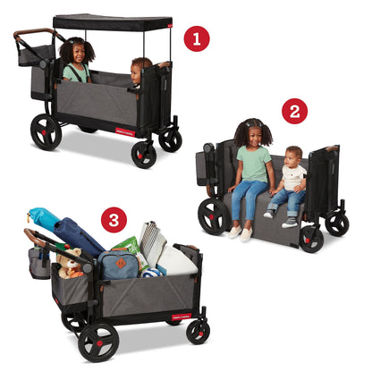 Radio Flyer Atlas Stroll 'N Wagon, Atlas Gray, for Ages 1+, 3-in-1 Push or Pull Versatility, One-Hand Fold, UV Canopy, 5-Point Harnesses, Storage Capabilities, Rubber Wheels, Stroller Wagon for Kids