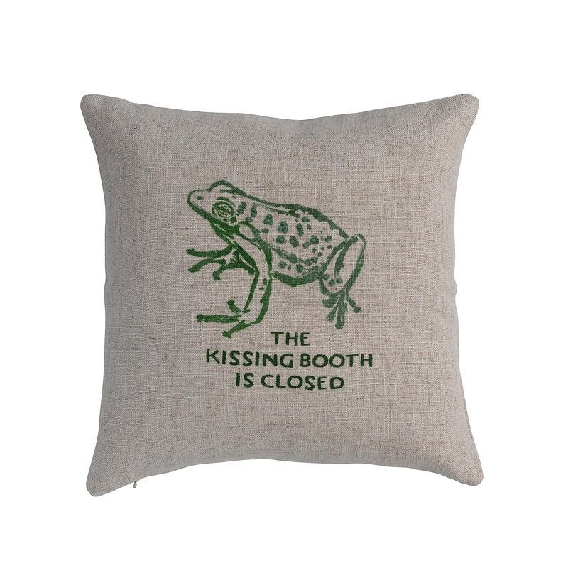 16" Square Linen Blend Printed Pillow with Frog and The Kissing Booth is Closed Text Prints and French Knots, Natural and Green