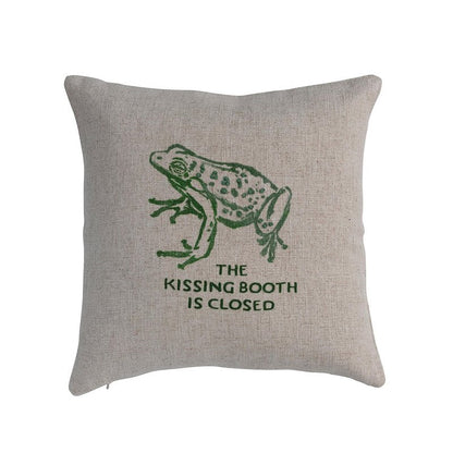 16" Square Linen Blend Printed Pillow with Frog and The Kissing Booth is Closed Text Prints and French Knots, Natural and Green