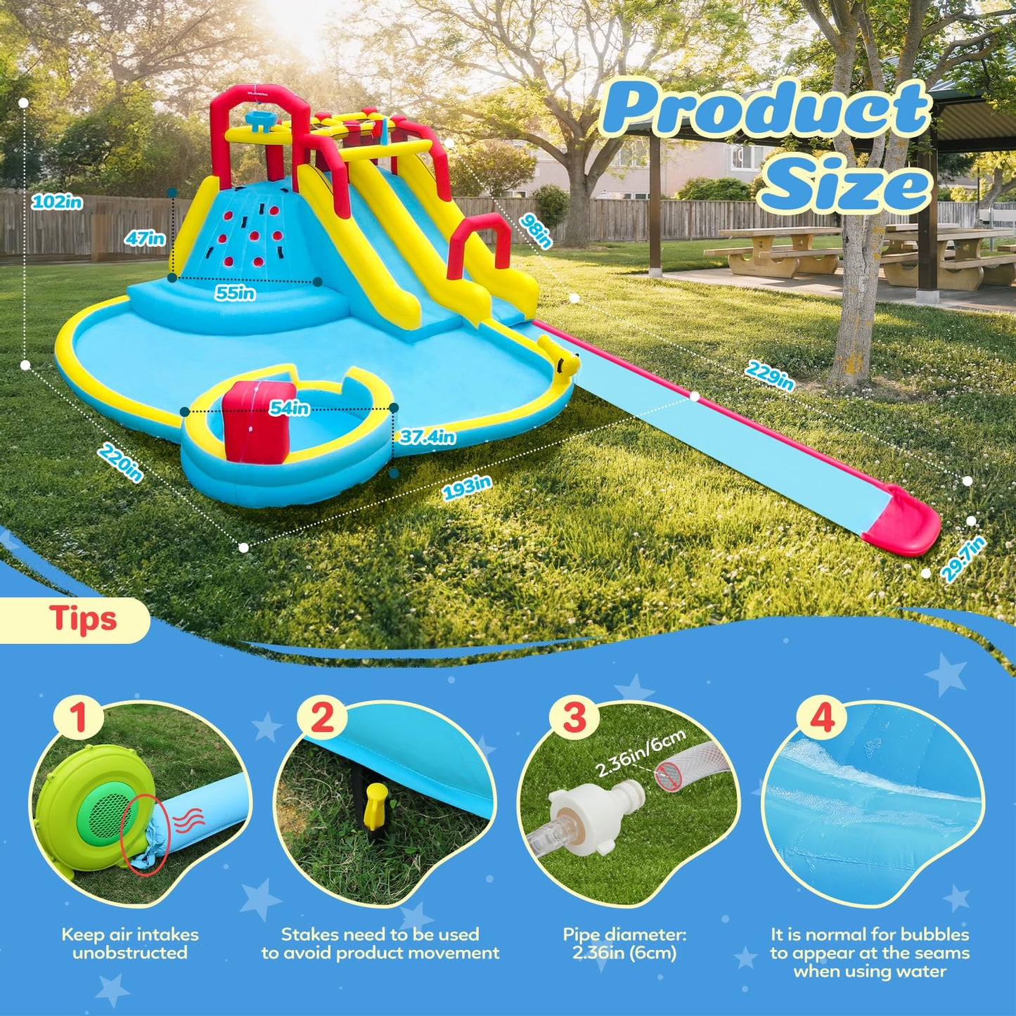 ELEMARA XL Inflatable Water Slide with 19ft Attachable Slip and Slide,Large 7 in 1 Blow Up Water Park,Bounce House for Backyard with 2 Slides,Climbing Wall,Deep Pool，Water Cannon,750W Blower for Kids
