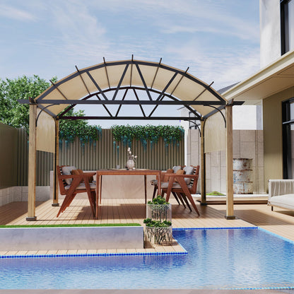 HAPPATIO 12' X 12' Outdoor Pergola with Sling Retractable Canopy, Wood-Like Aluminum Patio Pergola Shade Arched Top for Patio, Backyard, Garden,Poolside