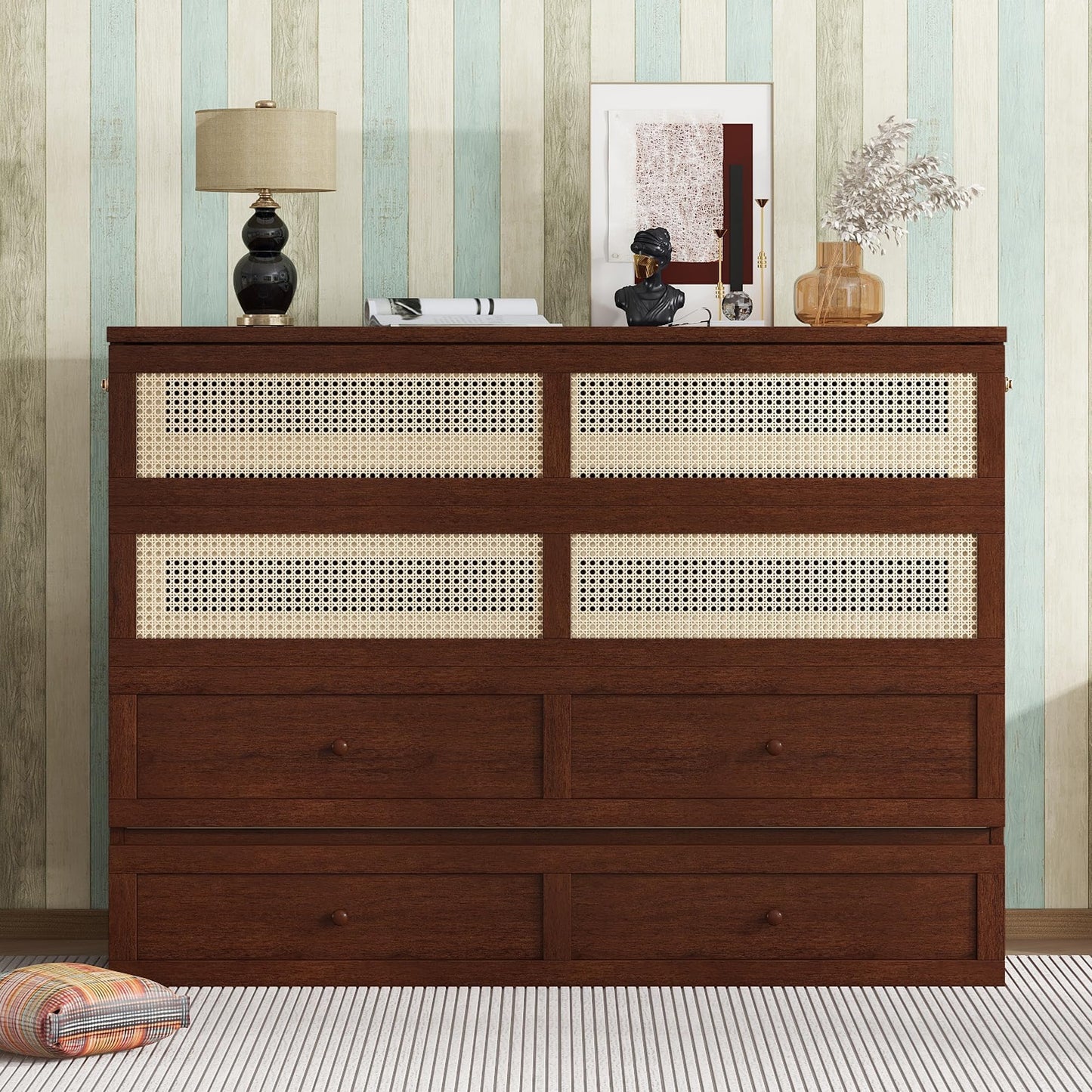 Queen Size Murphy Bed Cabinet with Rattan Panel,Pine Wood Cabinet Bed with Storage Drawer,Space-Saving Foldable Beds with Integrated Platform,Convertible Guest Beds for Bedroom Living Room,Walnut