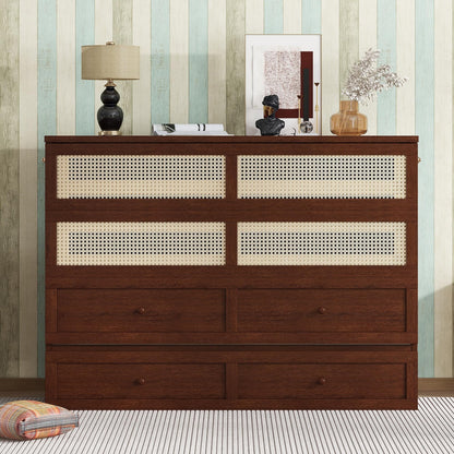 Queen Size Murphy Bed Cabinet with Rattan Panel,Pine Wood Cabinet Bed with Storage Drawer,Space-Saving Foldable Beds with Integrated Platform,Convertible Guest Beds for Bedroom Living Room,Walnut