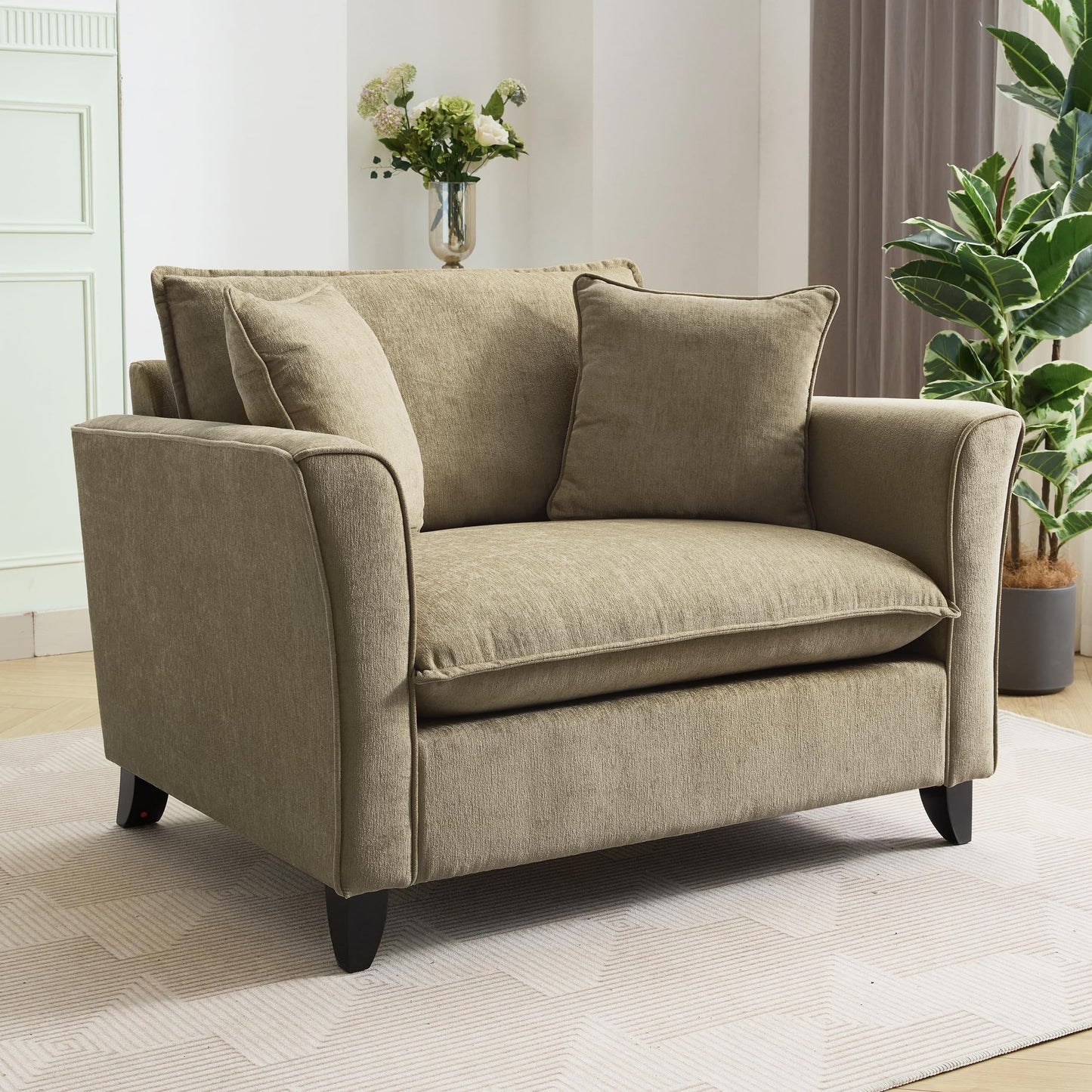 46.3 Inch Oversized Armchair Chenille Fabric Chair and a Half Single Sofa with Pillow Removable Washable Covers Rubberwood Legs Ruffled Armrests for Living Room Bedroom Office Apartment, Green