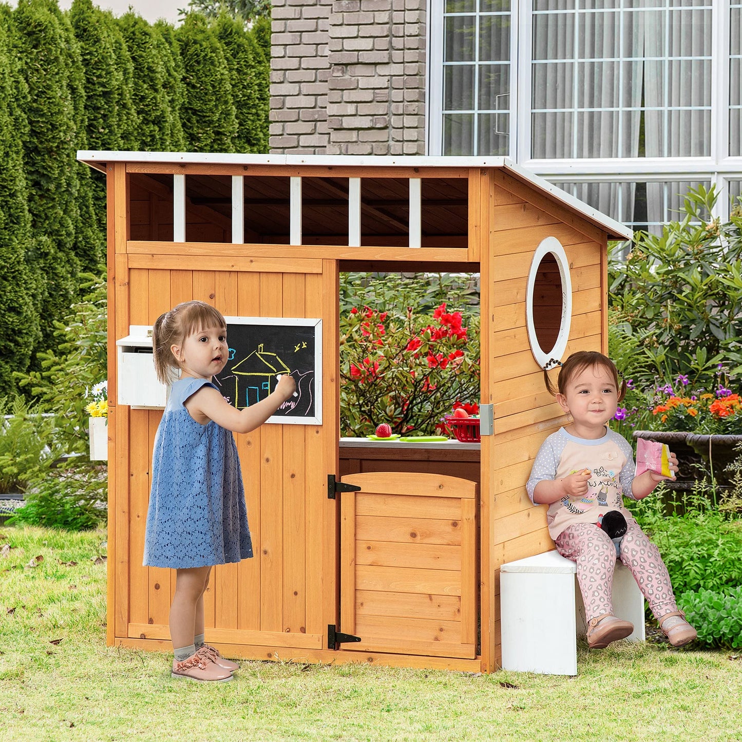 Outsunny Wooden Playhouse for Kids Outdoor with Working Door, Windows, Mailbox, Bench, Flowers Pot Holder, 48" x 42.5" x 53", Yellow