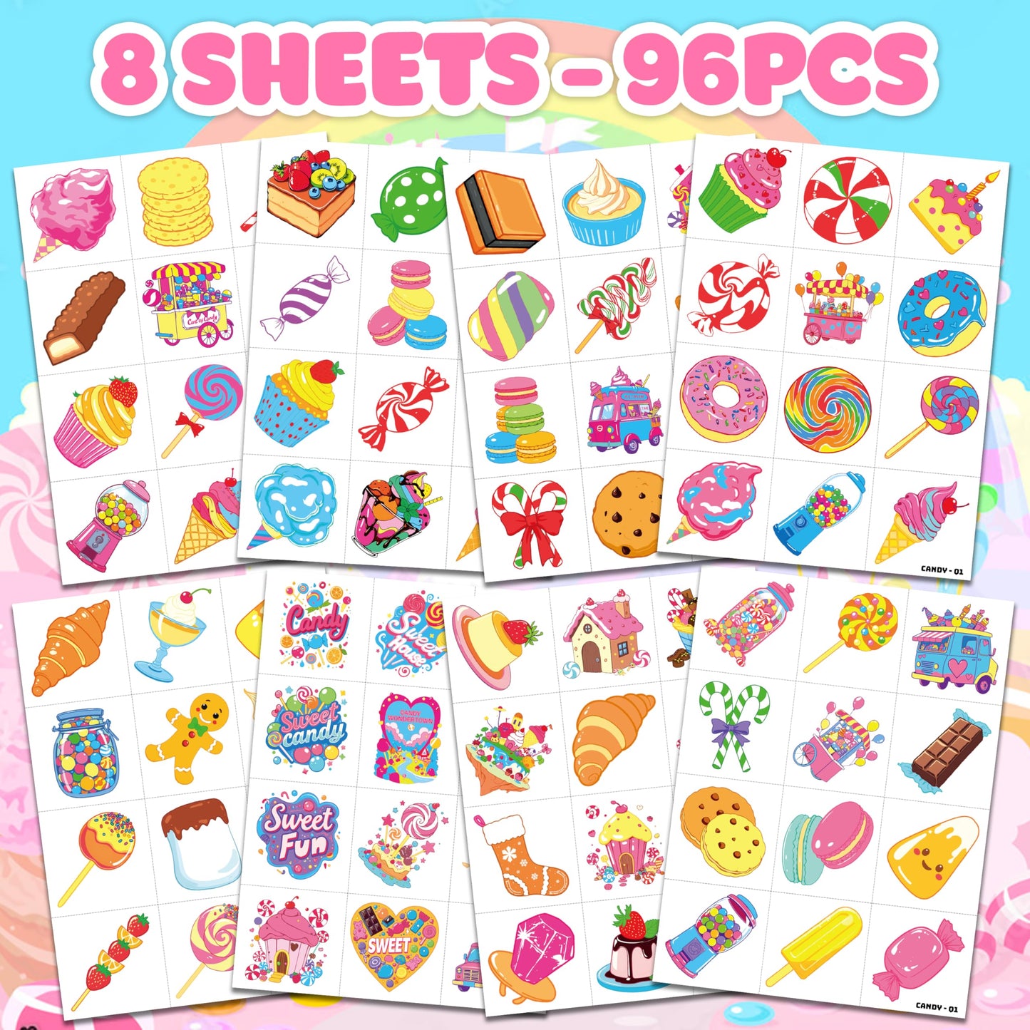 96 PCS Pre-Cut Candy Temporary Tattoos for Kids Birthday Party Favors