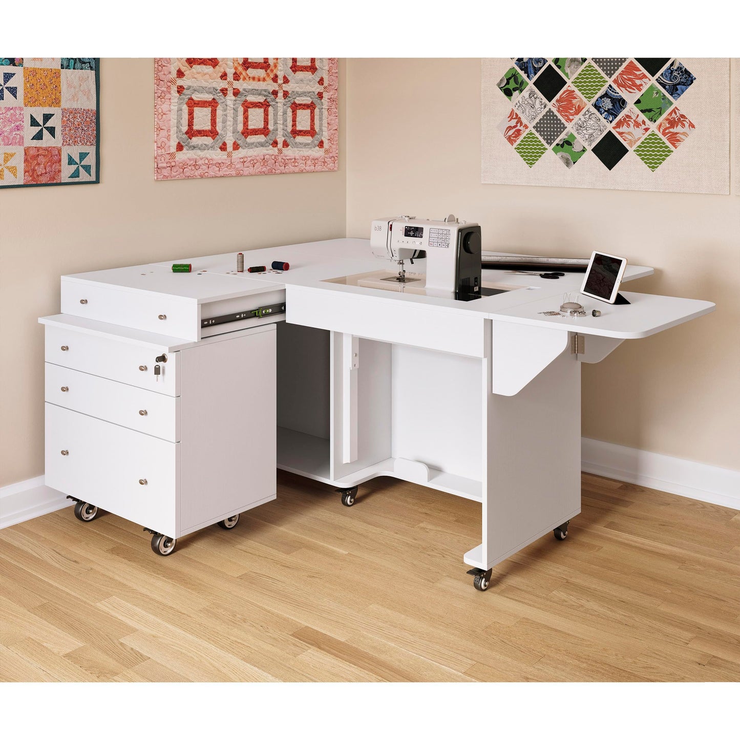 Kangaroo & Joey K8811 Sewing Cabinet – Dual Rail Electric Lift, Adjustable Sewing Table with Storage for Quilting & Crafting, Teak Finish