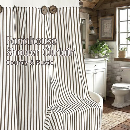 ASPMIZ Farmhouse Shower Curtain and Liner Set, No Hook Shower Curtain with Snap in Liner Fabric, Rustic Washable Waterproof Bathroom Curtains with Button, Mesh Top Window, Brown Striped, 71"x 74"