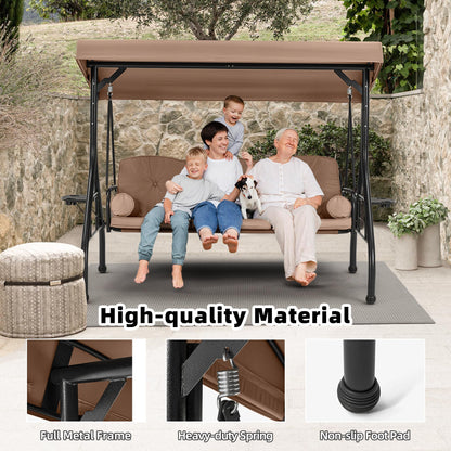 HOMREST 3 Seat Outdoor Porch Swing with Adjustable Canopy, Convertible Patio Swing Bed with Stand, Patio Glider Swing with Upgraded Cup Holder, Thicken Cushions ＆ Pillow for Backyard(Brown)