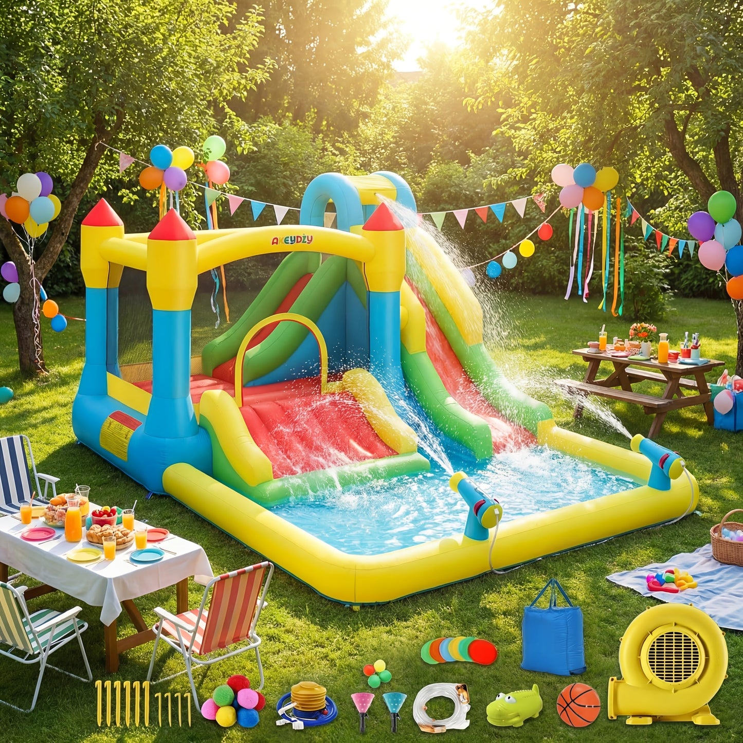AKEYDIY Bounce House Water Slide for Kids 3-12 - Outdoor/Indoor Inflatable Water Bounce House with 3 Slides, Climbing Wall, Ball Pit & Jumping Area - Water Bouncy House Includes Blower (15.6ft x 11ft)