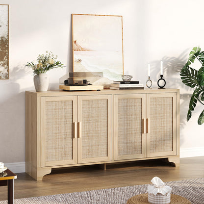 IDEALHOUSE Natural Rattan Sideboard Buffet Cabinet with Storage, Farmhouse Large Rattan Cabinet with 4 Doors, Wood Accent Coffee Bar Buffet Console Tables for Kitchen Living Room Entryway