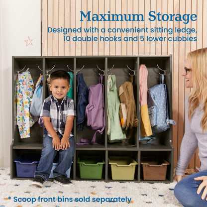 ECR4Kids Streamline 5-Section Toddler Coat Locker with Bench, Classroom Furniture, Grey Wash