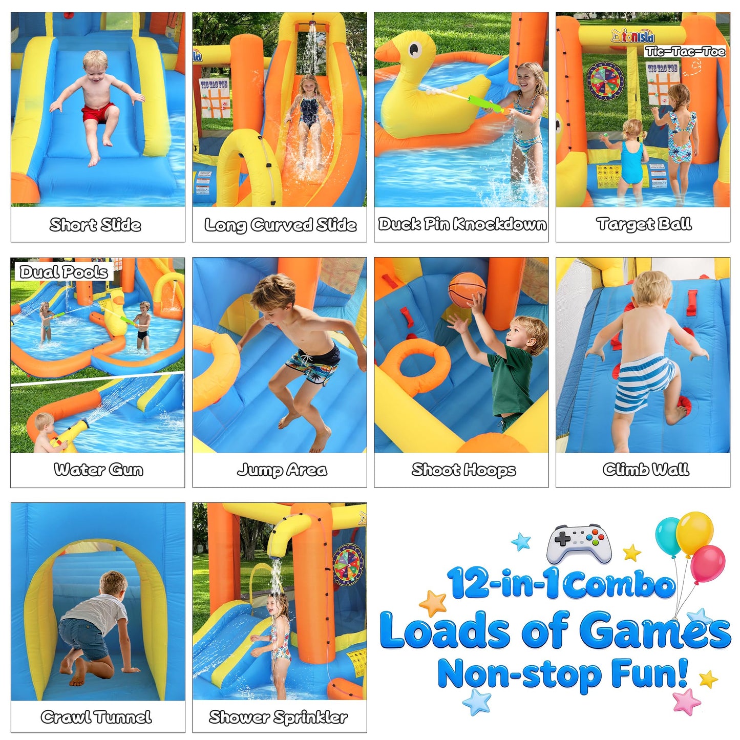 Inflatable Water Park for Kids 3-10yr, 12-in-1 Large Water Slide Bounce House with Dual Slide, Blower, 2 Splash Pools, Climbing Wall, Tunnel, Water Cannon, Basketball, Blow Up Water Slide for Backyard