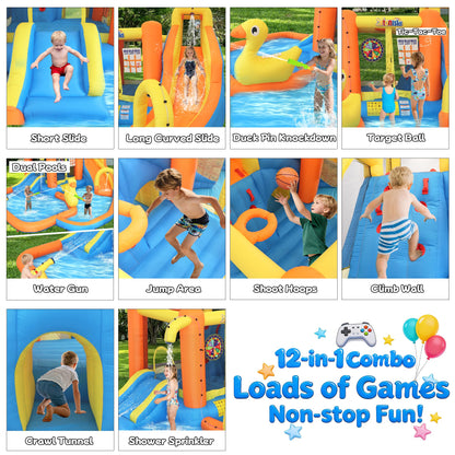 Inflatable Water Park for Kids 3-10yr, 12-in-1 Large Water Slide Bounce House with Dual Slide, Blower, 2 Splash Pools, Climbing Wall, Tunnel, Water Cannon, Basketball, Blow Up Water Slide for Backyard
