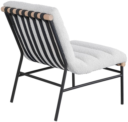 Meridian Furniture 411Cream Burke Collection Modern | Contemporary Accent Chair, Rich Cream Boucle Fabric, Black Vegan Leather Straps, Matte Black Metal Frame, 24.5" W x 29.5" D x 31.5" H, Cream