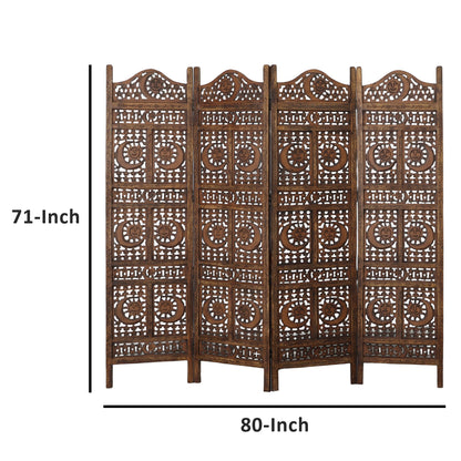 Hand Carved Sun and Moon Design Foldable 4 Panel Wooden Room Divider, Decorative Privacy Screen, Rustic Home Partition Decor