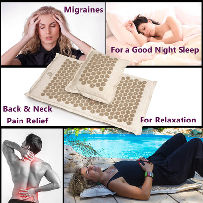Acupressure Mat & Pillow Set with Hot/Cold Gel Pack for Back and Neck Pain Relief, Sciatica and Pressure Point Aches - Ideal Acupuncture Mat for Sleeping Aid & Workout Recovery (Natural Linen)