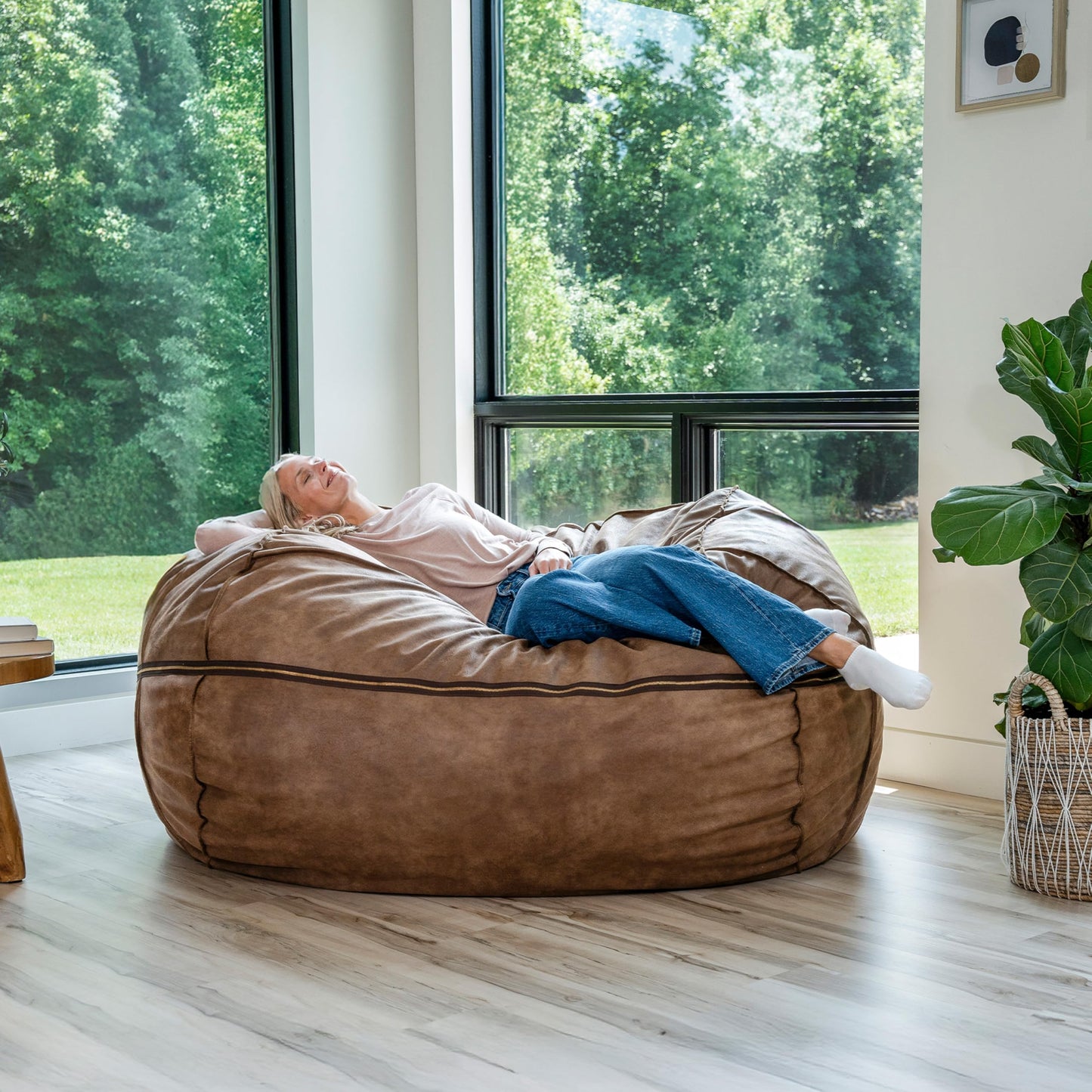 Big Joe Fuf 7Ft Giant Foam Bean Bag Chair, Oversized Couch with Removable Cover for Kids, Teens, Adults, Coffee Soft Vegan Leather, 7 Foot
