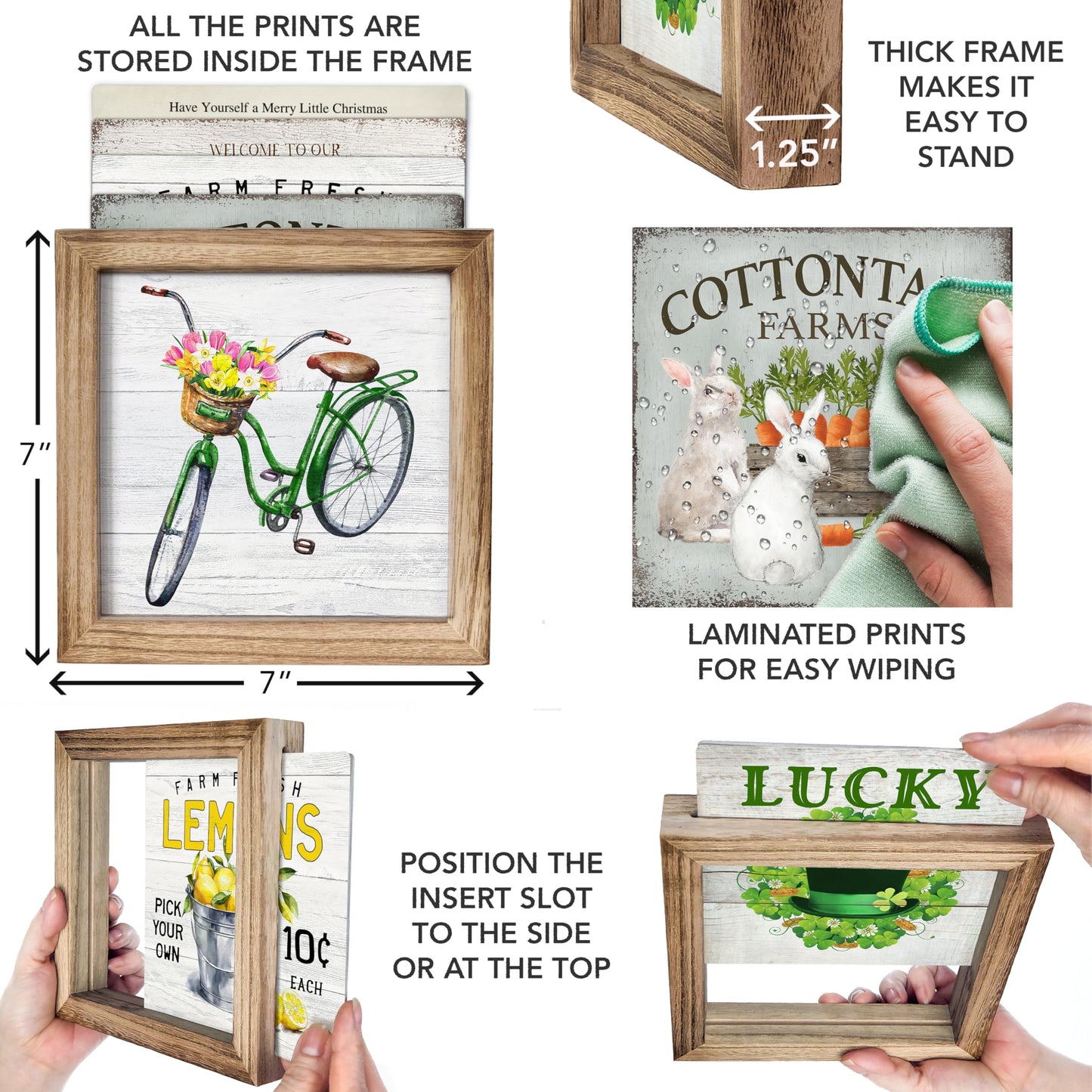 Set of 3 Rustic Wood Frames for Tiered Tray Decor - 36 Interchangeable Seasonal Home Signs for Valentines, St Patrick's Day, All Seasons, 7x7 in