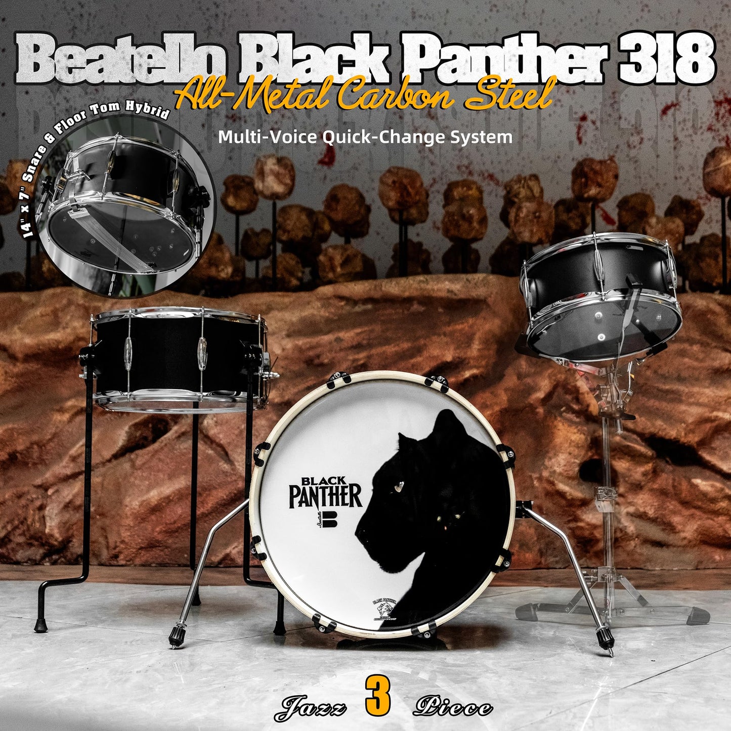 Beatello Black Jaguar 318 Series 3-Piece Drum Set, All-Metal Carbon Steel, 18" Bass Drum, 14" Tom, 12" Floor Tom/Snare, Pro Jazz, Studio & Live Kit