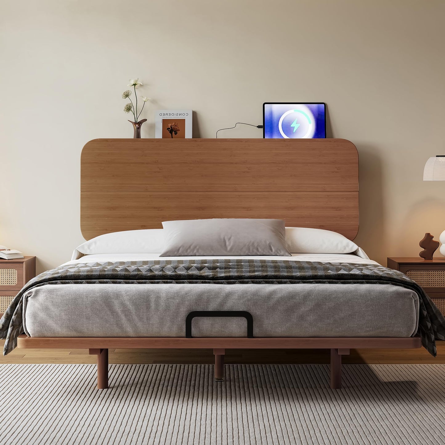 KEIKI Queen Size Bamboo Platform Bed with Headboard and USB Ports, Mid-Century Modern Floating Bed Frame with Solid Support Slats, No Box Spring Needed, Easy Assembly, Noise Free, for Bedroom, Brown