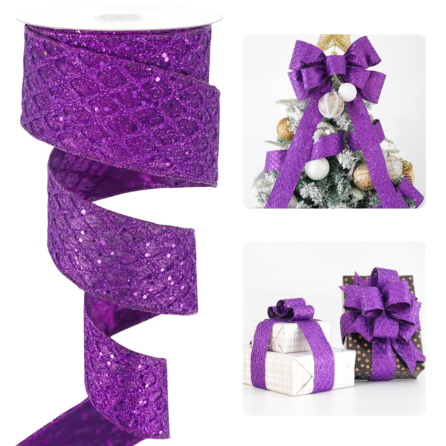 HUIHUANG Purple Wired Ribbon for Christmas Tree 2.5 inch Purple Glitter Diamond Mesh Ribbon for Tree Decoration, Wreaths, Garland, Gift Wrapping, Large Bows Making, Halloween Decor -10 Yards